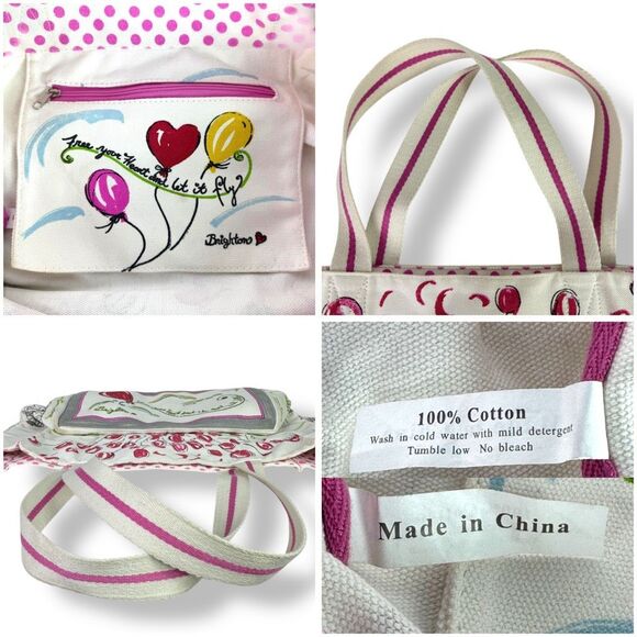 Brighton Free Your Heart B Mine White Cotton Canvas Tote Bag Balloons Red Love - Picture 11 of 12